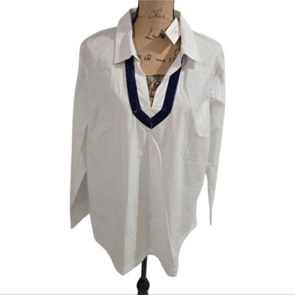Vineyard Vines Womens XL Velvet Trim Popover Blouse White Cap 2W001427-0100 NEW